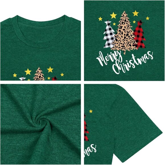 Women Plus Size Christmas Leopard Tree T-Shirt Short Sleeve Holiday Top - Picture 5 of 7